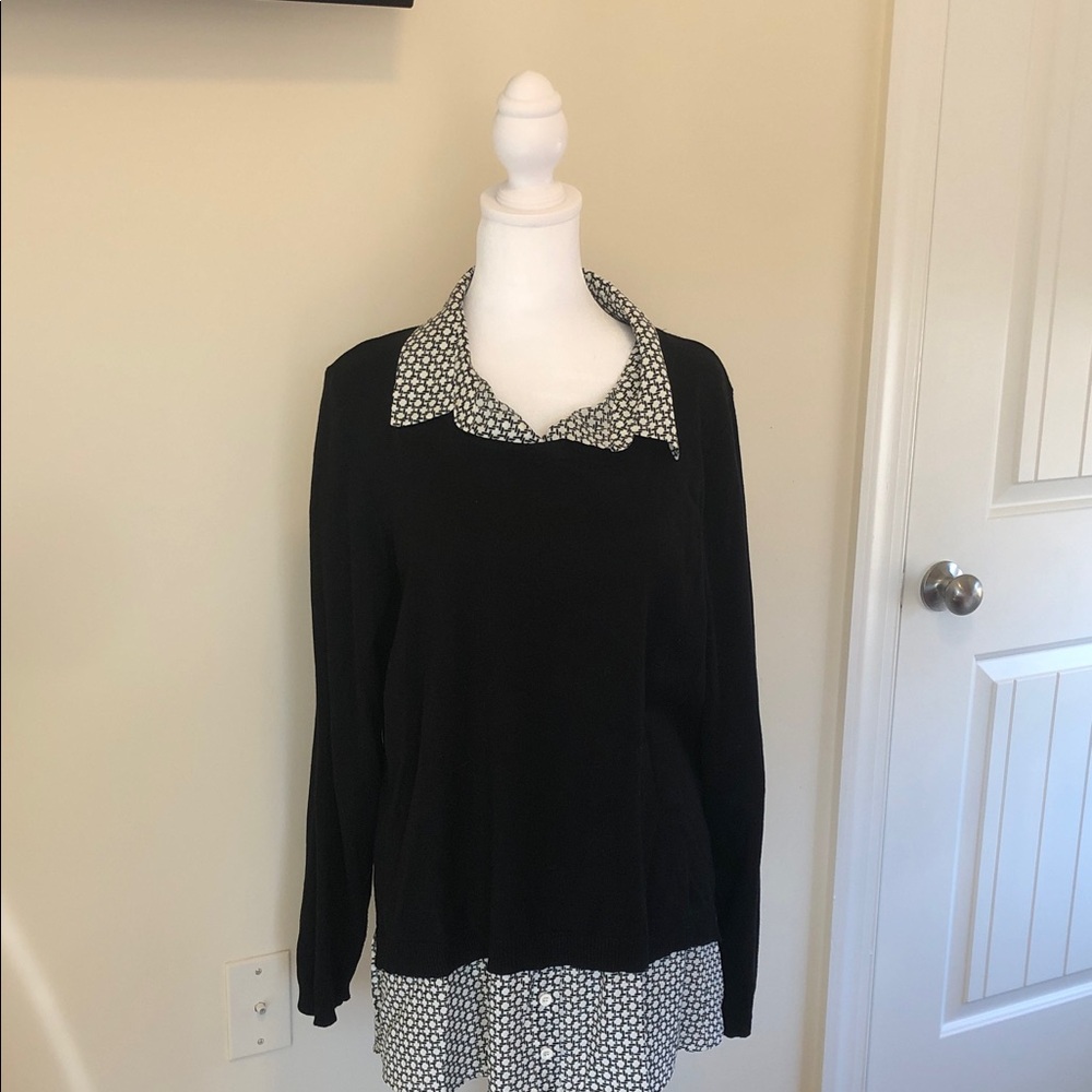 Adrianna Papell Black Sweater with Black and White Print Trim